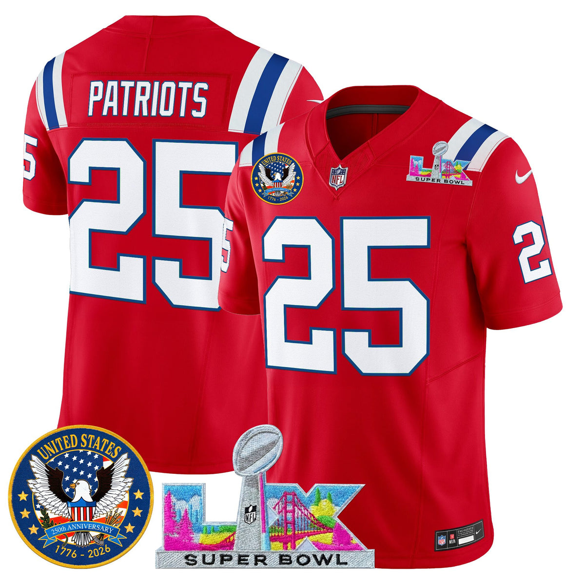 Men's New England Patriots Super Bowl LX & United States 250th Patch Vapor Limited Jersey - All Stitched - Red - #25 Patriots — view 1