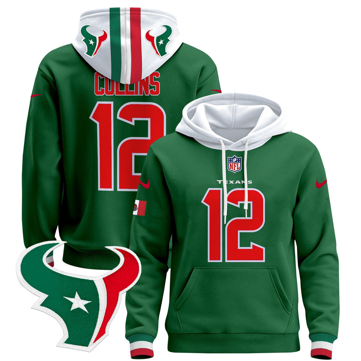Men's Houston Texans Mexico 2024 Pullover Hoodie - All Stitched - Green - Nico Collins — view 1