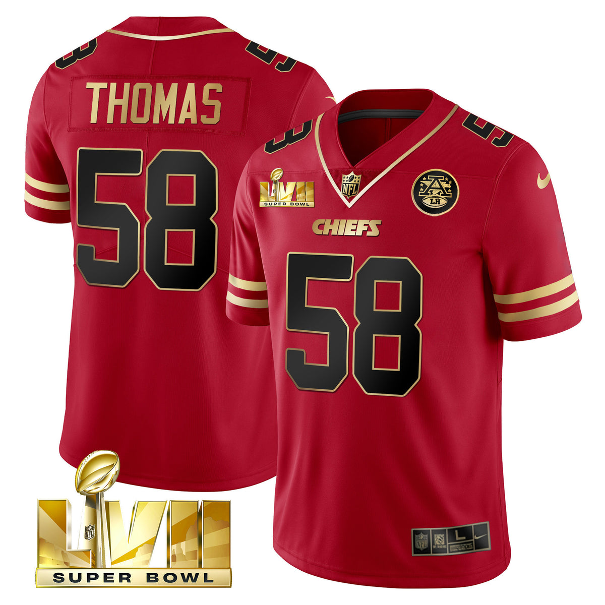 Men's Chiefs Super Bowl LVII Gold Trim Vapor Jersey - All Stitched - Black Red - Derrick Thomas — view 1