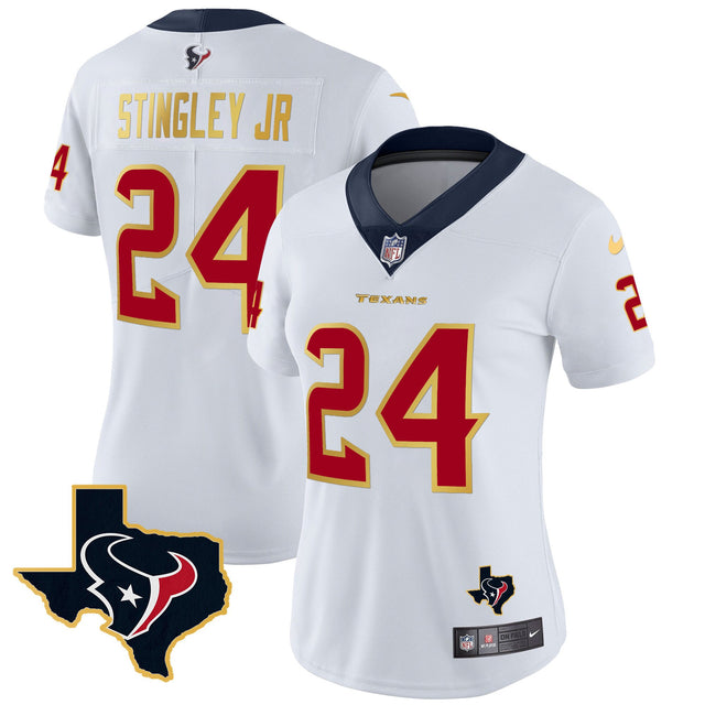 Women's Houston Texans Gold Trim Vapor Jersey - All Stitched - White - Derek Stingley Jr — view 1