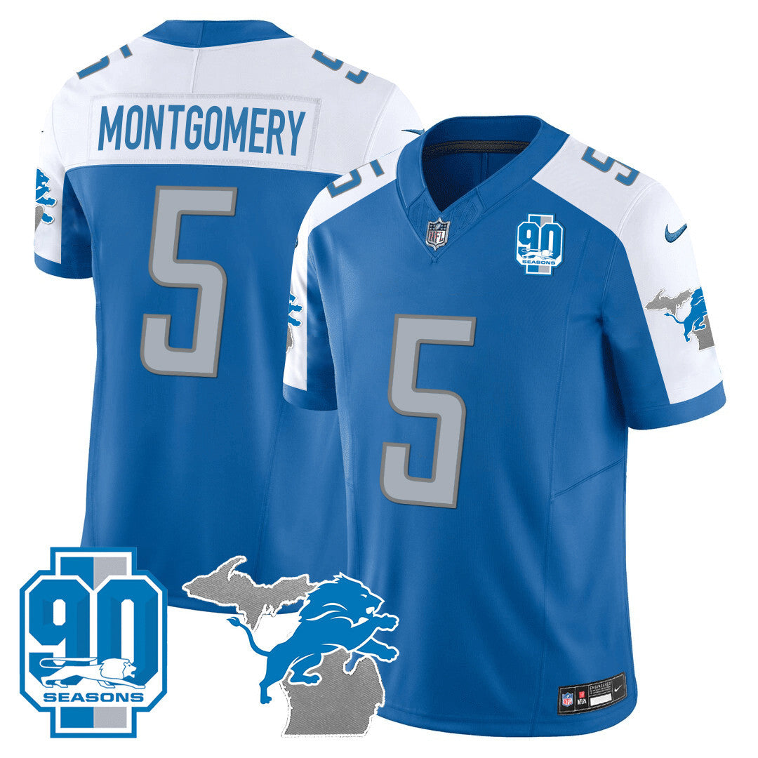 Men's Detroit Lions 90th Year & Michigan Patch Vapor Jersey - All Stitched - Blue Alternate - David Montgomery — view 1