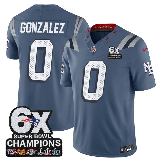 Men's New England Patriots 6-Time Champions Patch Vapor Limited Jersey - All Stitched - Storm Blue - Christian Gonzalez — view 1