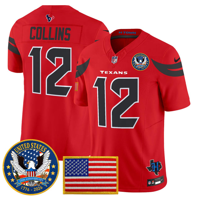 Men's Houston Texans United States 250th Anniversary Patch Vapor Limited Jersey - All Stitched - Red - Nico Collins — view 1