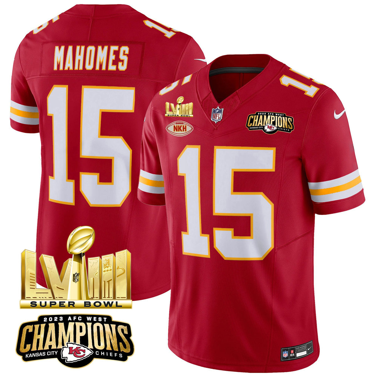 Men's Chiefs AFC West Champions & Super Bowl LVIII Gold Patch Vapor Jersey - All Stitched - Red - Patrick Mahomes — view 1