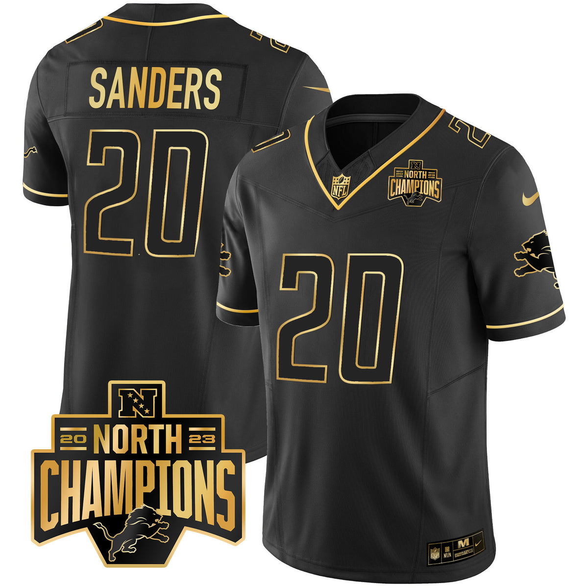 Men's Detroit Lions 2023 NFC North Division Champions Patch Vapor Gold Jersey - All Stitched - Black Gold - Barry Sanders — view 1