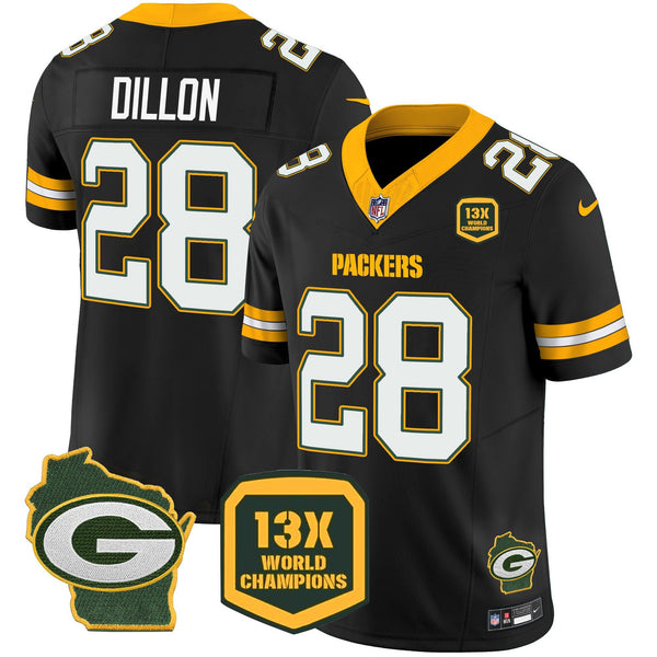 Men's Packers 13 Time World Champions & Home Patch Vapor Jersey – All Stitched - Black - AJ Dillon — view 1