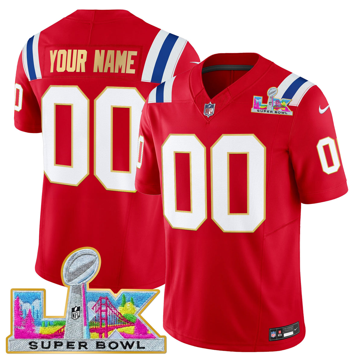 New England Patriots Super Bowl LX Gold Trim Vapor Limited Custom Jersey - All Stitched - Red — view 1