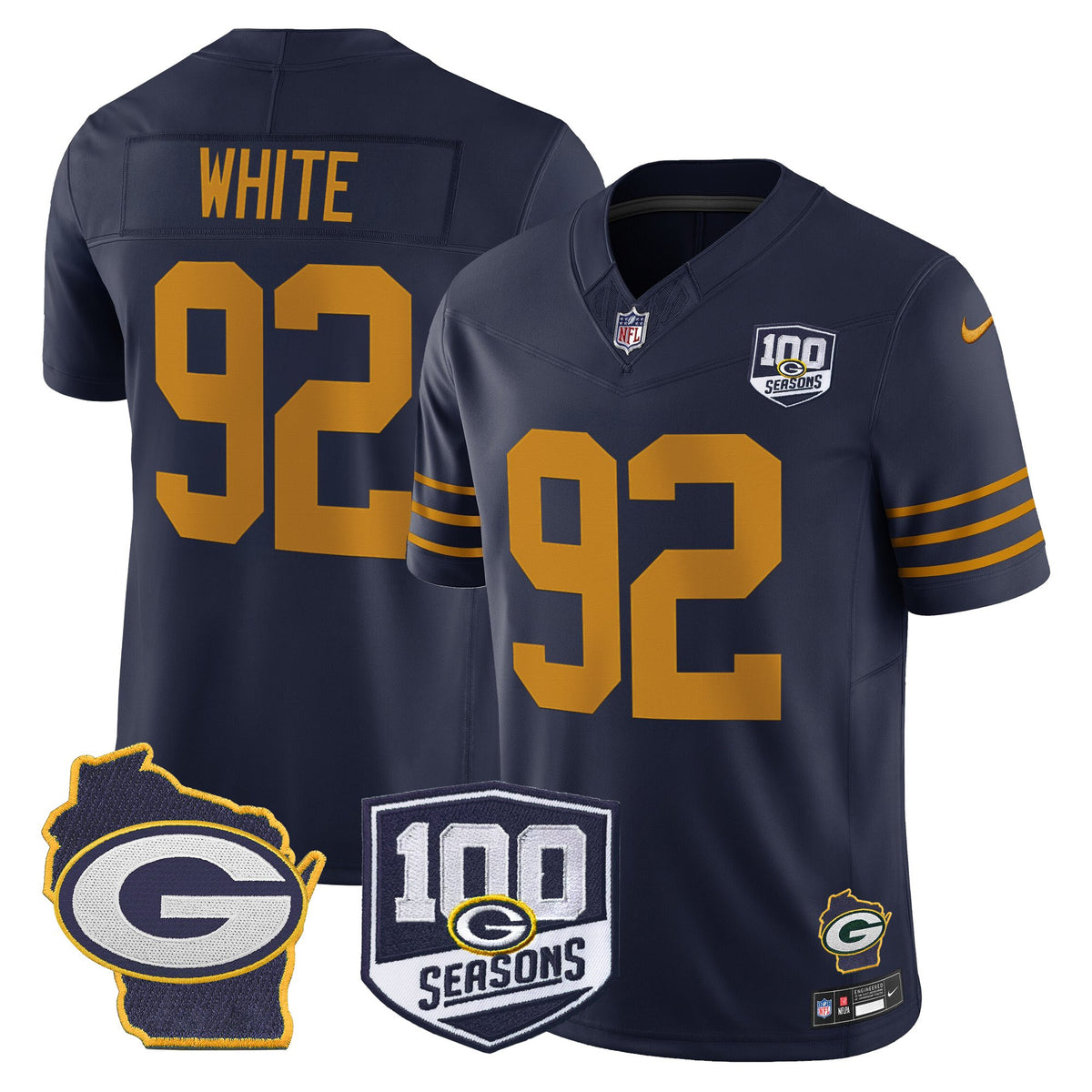 Men's Green Bay Packers 100th Season & Home Patch Vapor Limited Jersey - All Stitched - Navy - Reggie White — view 1