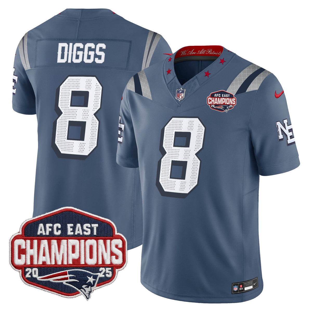 Men's New England Patriots 2025 AFC East Division Champions Vapor Limited Jersey - All Stitched - Storm Blue - Stefon Diggs — view 1