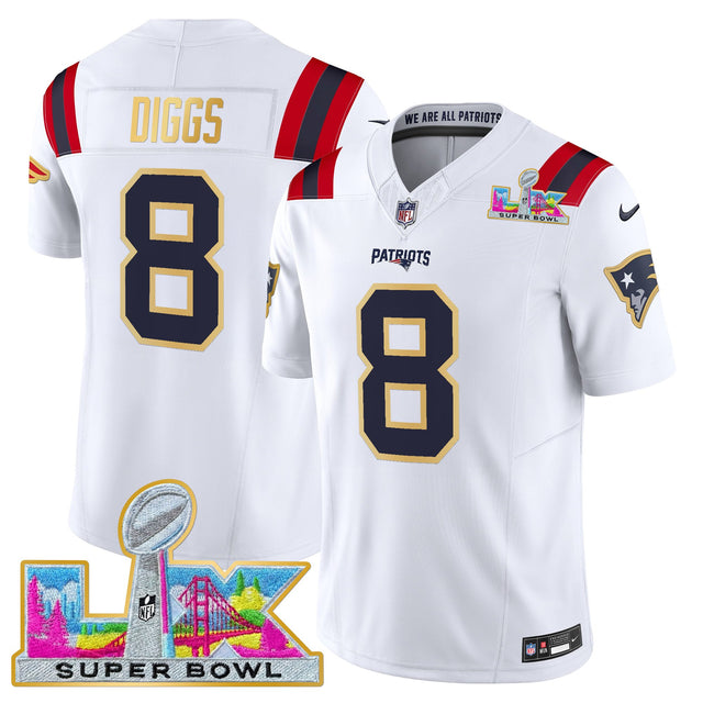 Men's New England Patriots Super Bowl LX Gold Trim Vapor Limited Jersey - All Stitched - White - Stefon Diggs — view 1