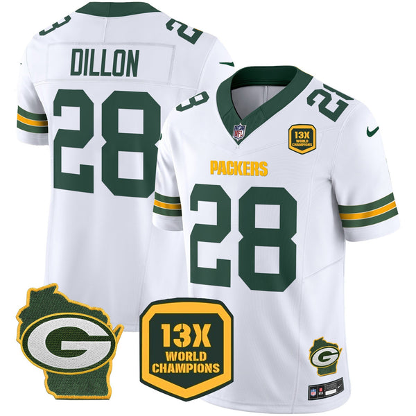 Men's Packers 13 Time World Champions & Home Patch Vapor Jersey – All Stitched - White - AJ Dillon — view 1