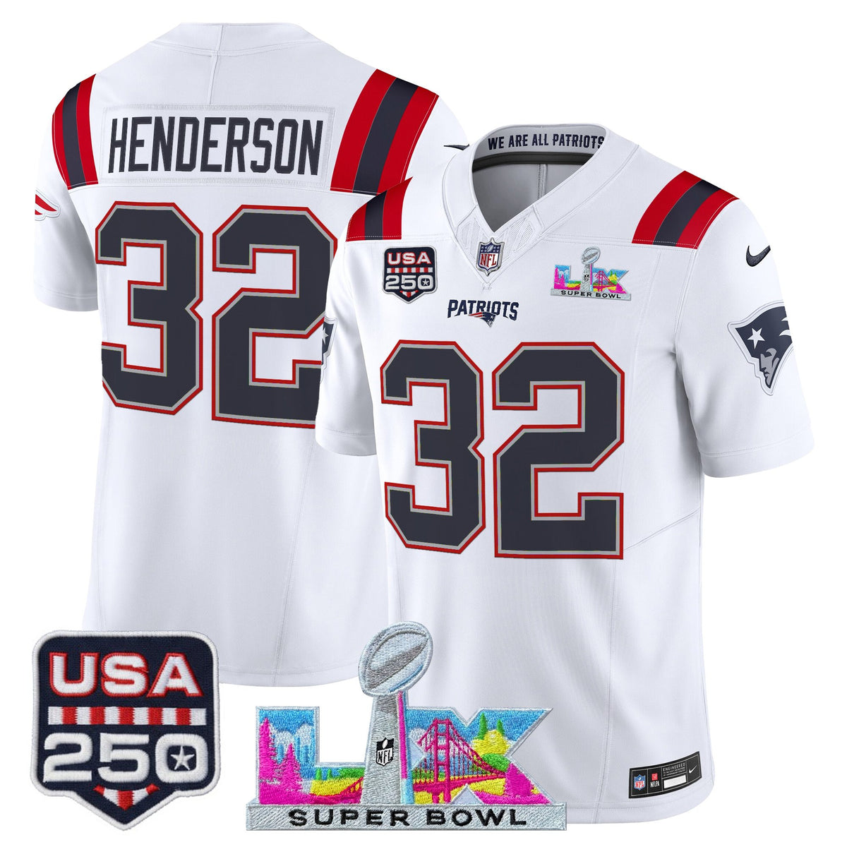 Men's New England Patriots Super Bowl LX & United States 250th Anniversary Patch Vapor Limited Jersey - ~25cf8277 - White - TreVeyon Henderson — view 1