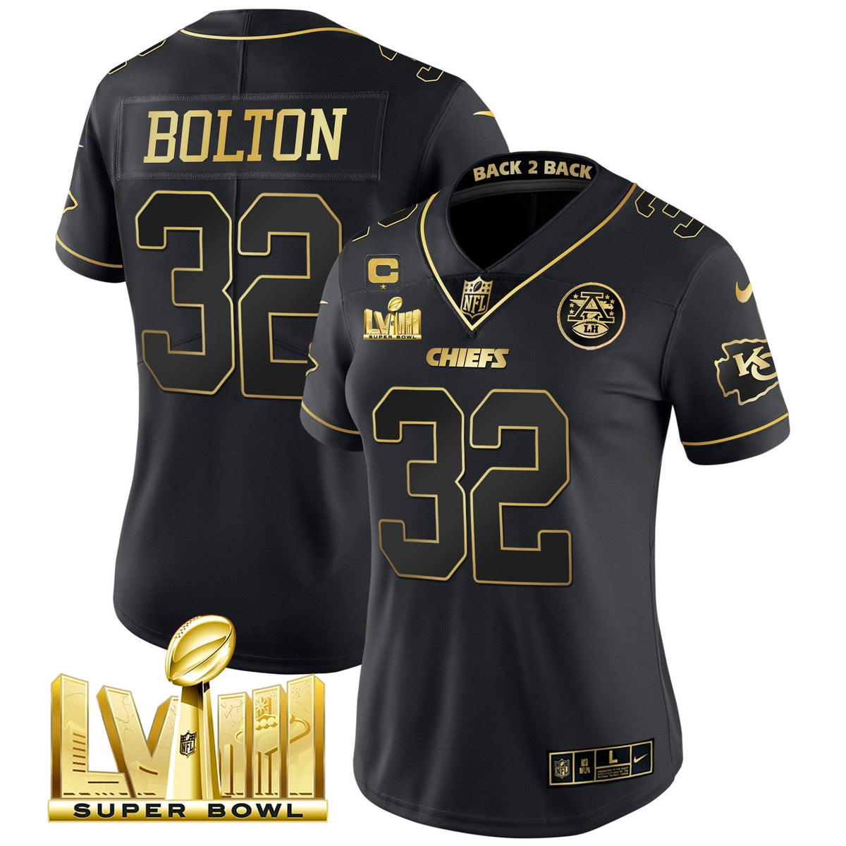 Women's Chiefs Super Bowl LVIII & Back 2 Back Patch Vapor Jersey V5 - All Stitched - Black Gold - Nick Bolton — view 1