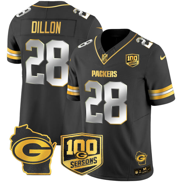 Men's Green Bay Packers 100th Season & Home Patch Gold Vapor Limited Jersey – All Stitched - Black Limited - AJ Dillon — view 1