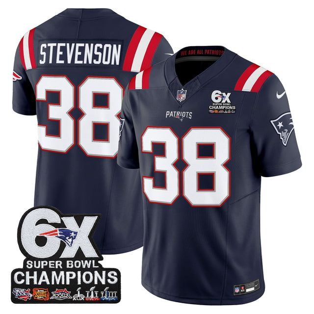 Men's New England Patriots 6-Time Champions Patch Vapor Limited Jersey - All Stitched - Navy - Rhamondre Stevenson — view 1