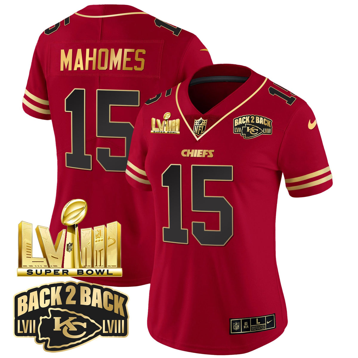 Women's Chiefs Super Bowl LVIII & Back 2 Back Gold Patch Vapor Jersey - All Stitched - Black Red - Patrick Mahomes — view 1