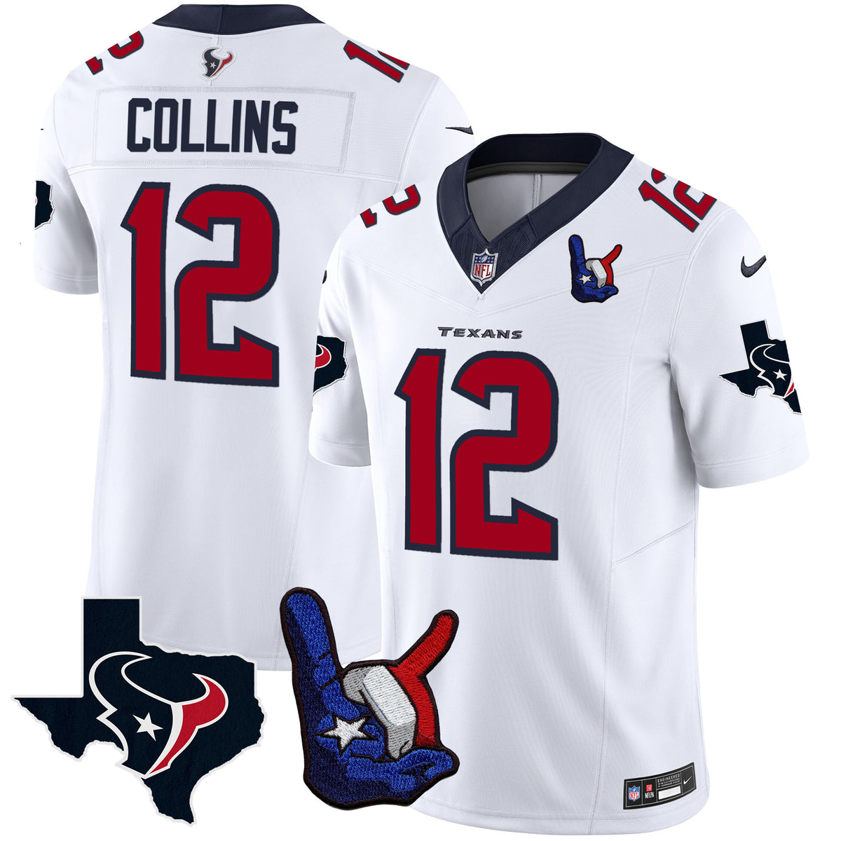Men's Houston Texans Hand Sign Throwing Up The H Vapor Jersey - All Stitched - White - Nico Collins ~5701161 — view 1