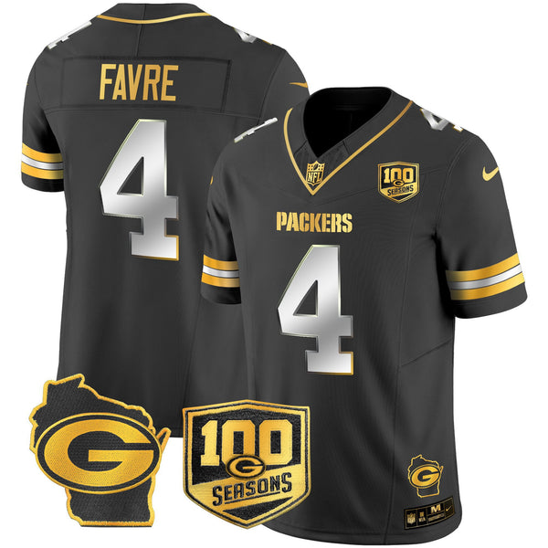 Men's Green Bay Packers 100th Season & Home Patch Gold Vapor Limited Jersey – All Stitched - Black Limited - Brett Favre — view 1