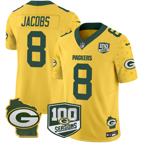 Men's Packers 100th Season & Home Patch Cheese Vapor Limited Jersey – All Stitched - Gold - Josh Jacobs — view 1