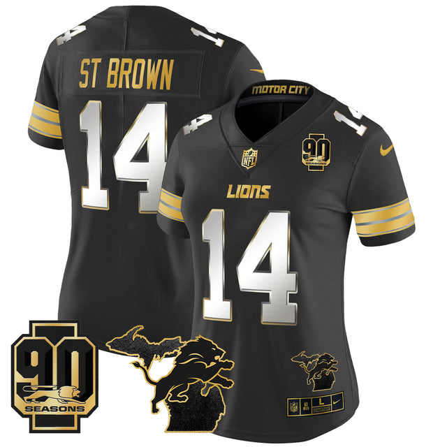 Women's Detroit Lions 2024 Michigan & 90th Year Patch Gold Vapor Limited Jersey - All Stitched - Black Limited - St. Brown — view 1
