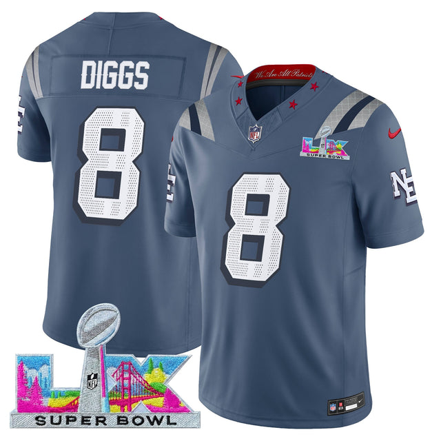 Men's New England Patriots Super Bowl LX Vapor Limited Jersey - All Stitched - Storm Blue - Stefon Diggs — view 1