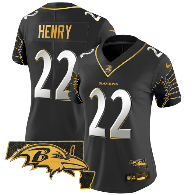 Women's Ravens Maryland Patch Gold Vapor Limited Jersey V2 - All Stitched - Black Limited - Derrick Henry — view 1
