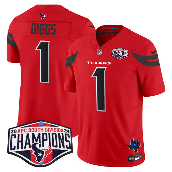 Men's Houston Texans 2024 AFC South Division Champions Patch Vapor Limited Jersey - All Stitched - Red - Stefon Diggs — view 1