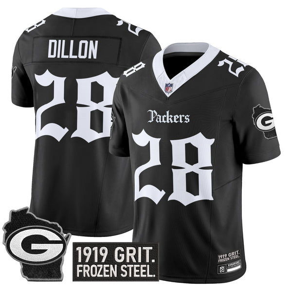 Men's Green Bay Packers 'Gothic Frozen Tundra Edition' Vapor Limited Jersey - All Stitched - Black - AJ Dillon — view 1
