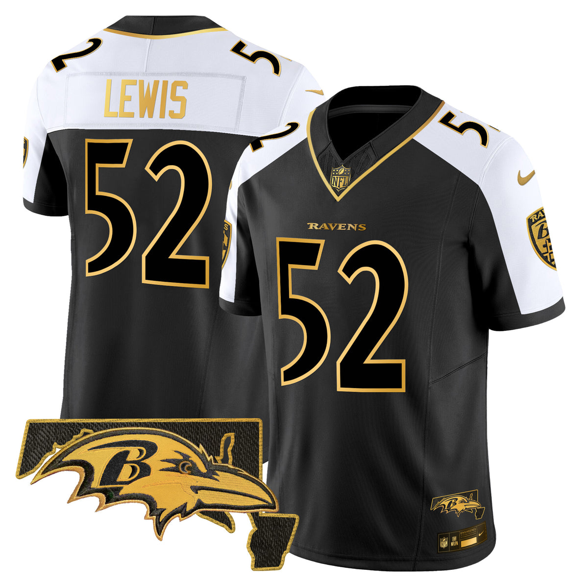 Men's Ravens Maryland Patch Gold Vapor Limited Jersey V2 - All Stitched - Alternate - Ray Lewis — view 1