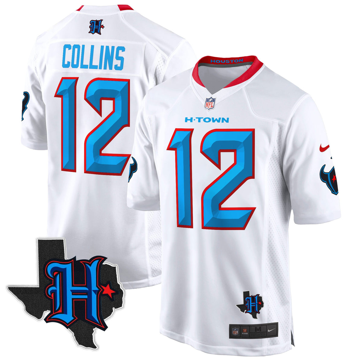 Men's Houston Texans 2024 Texas Patch Game Jersey - All Stitched - White - Nico Collins — view 1