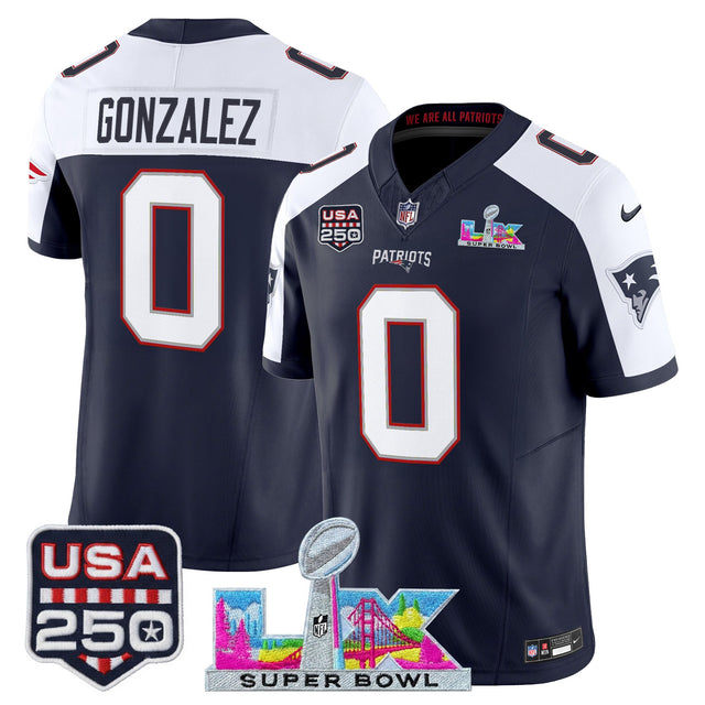 Men's New England Patriots Super Bowl LX & United States 250th Anniversary Patch Vapor Limited ~25cf8277 - Navy Alternate - Christian Gonzalez — view 1