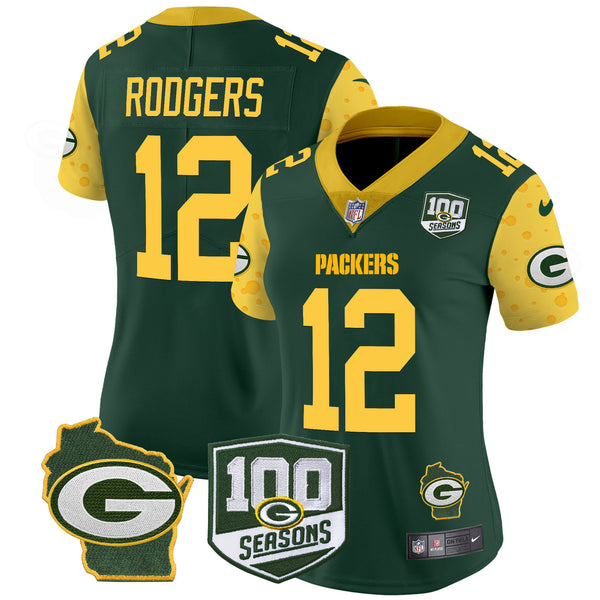Women's Packers 100th Season & Home Patch Cheese Vapor Limited Jersey – All Stitched - Green - Aaron Rodgers — view 1