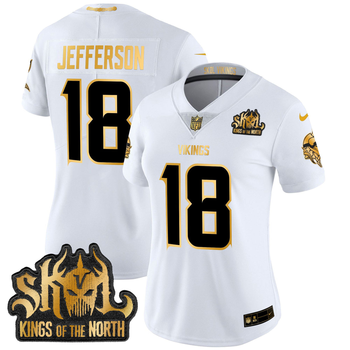 Women's Minnesota Vikings 2024 Winter Warrior Skol Patch Gold Vapor Limited Jersey - All Stitched - White Gold - Justin Jefferson — view 1