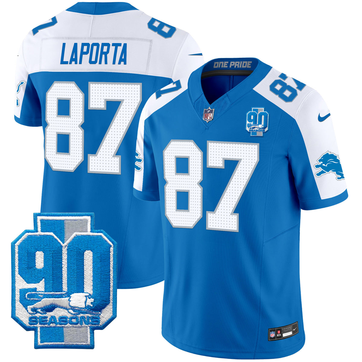 Men's Detroit Lions 90th Year Patch Vapor Limited Jersey - All Stitched - Blue Alternate - Sam Laporta — view 1