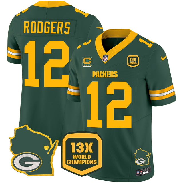 Men's Packers 13 Time World Champions & Home Patch Vapor Jersey V2 – All Stitched - Green - Aaron Rodgers — view 1
