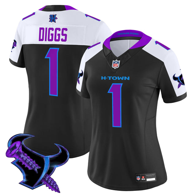 Women's Houston Texans 2025 DJ Screw Vapor Limited Jersey - All Stitched - Black Alternate - Stefon Diggs — view 1