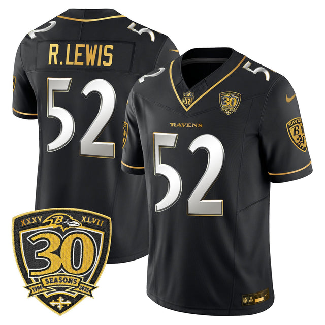 Men's Baltimore Ravens 2025 Gold Vapor Limited Jersey - 30th Anniversary Patch - All Stitched - Black Limited - Ray Lewis — view 1