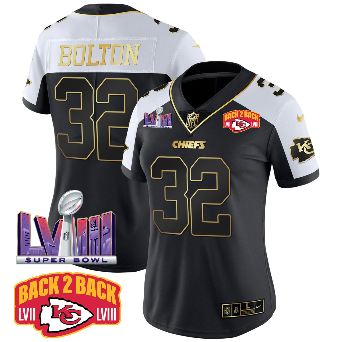 Women's Chiefs Super Bowl LVIII & Back 2 Back Patch Vapor Jersey V2 - All Stitched - Alternate - Nick Bolton — view 1