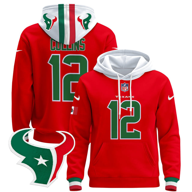 Men's Houston Texans Mexico 2024 Pullover Hoodie - All Stitched - Red - Nico Collins — view 1