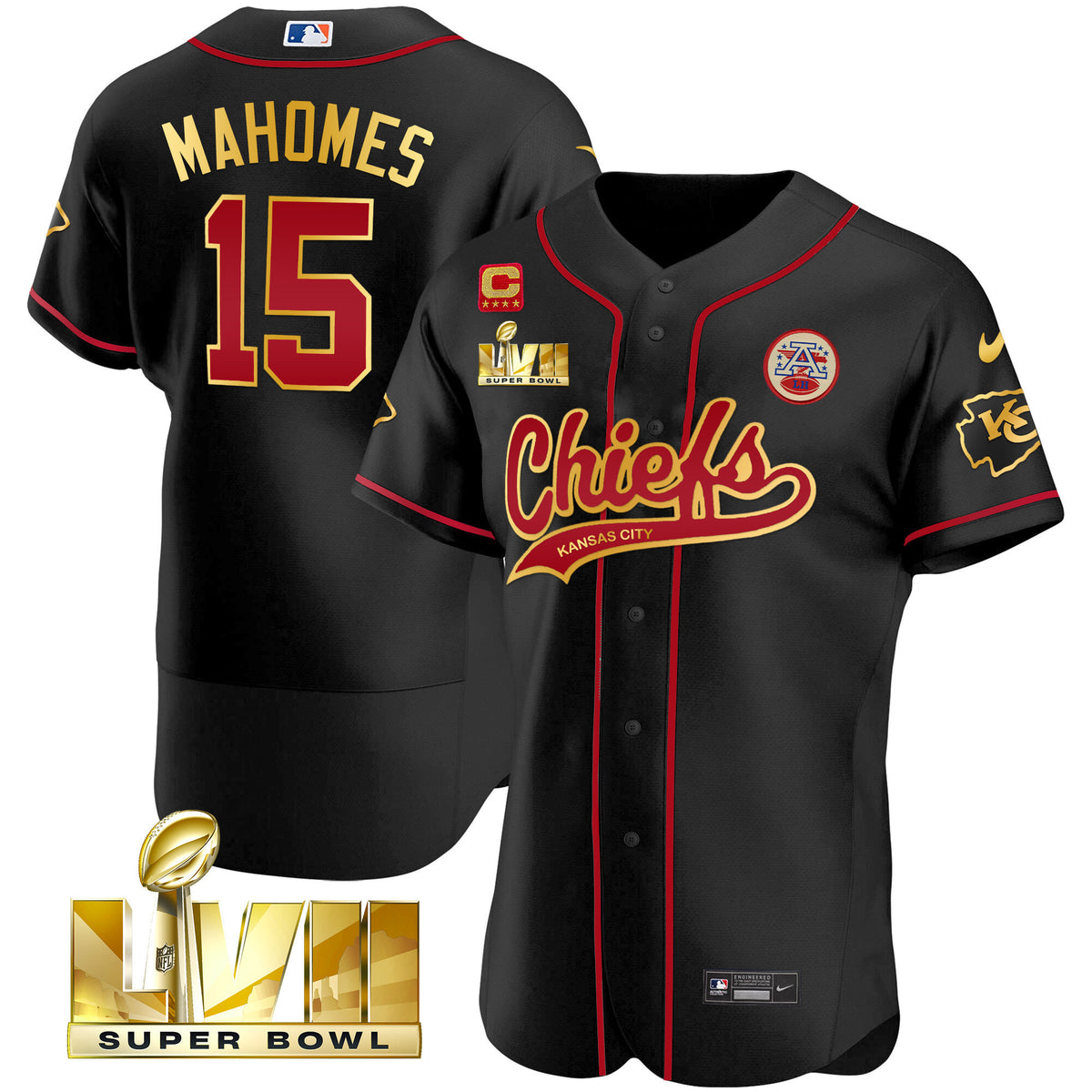 Men's Chiefs Super Bowl LVII Flex Base Jersey V2 - All Stitched - Black Gold Trim - Patrick Mahomes — view 1