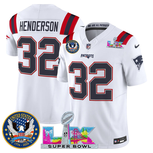 Men's New England Patriots Super Bowl LX & United States 250th Patch Vapor Limited Jersey - All Stitched - White - TreVeyon Henderson — view 1