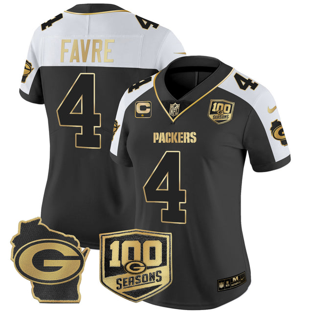 Women's Packers 100th Season & Home Patch Gold Vapor Limited Jersey – All Stitched - Alternate - Brett Favre — view 1
