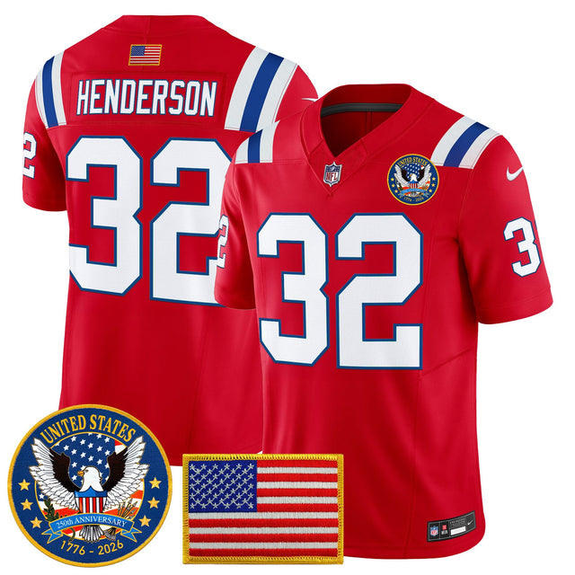 Men's New England Patriots United States 250th Anniversary Patch Vapor Limited Jersey - All Stitched - Red - TreVeyon Henderson — view 1