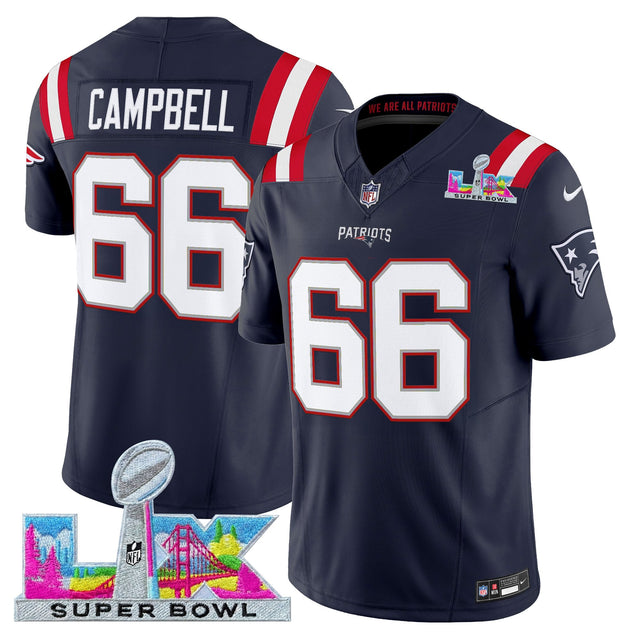 Men's New England Patriots Super Bowl LX Vapor Limited Jersey - All Stitched - Navy - Will Campbell — view 1