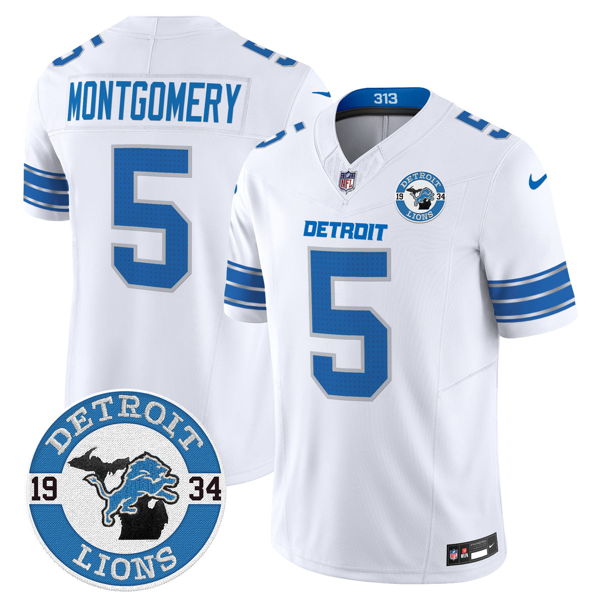 Men's Detroit Lions 2024 Vapor Limited Jersey - Est. 1934 Patch - All Stitched - White - David Montgomery — view 1