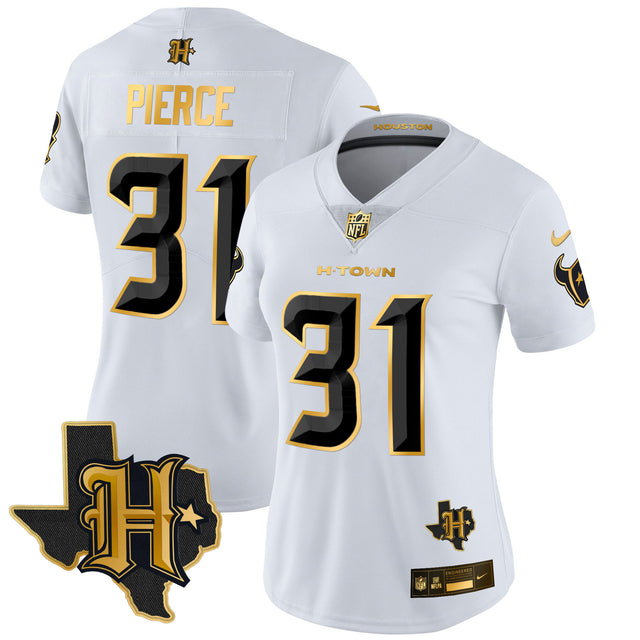 Women's Houston Texans 2024 Texas Patch Gold Vapor Limited Jersey - All Stitched - White Gold - Dameon Pierce — view 1