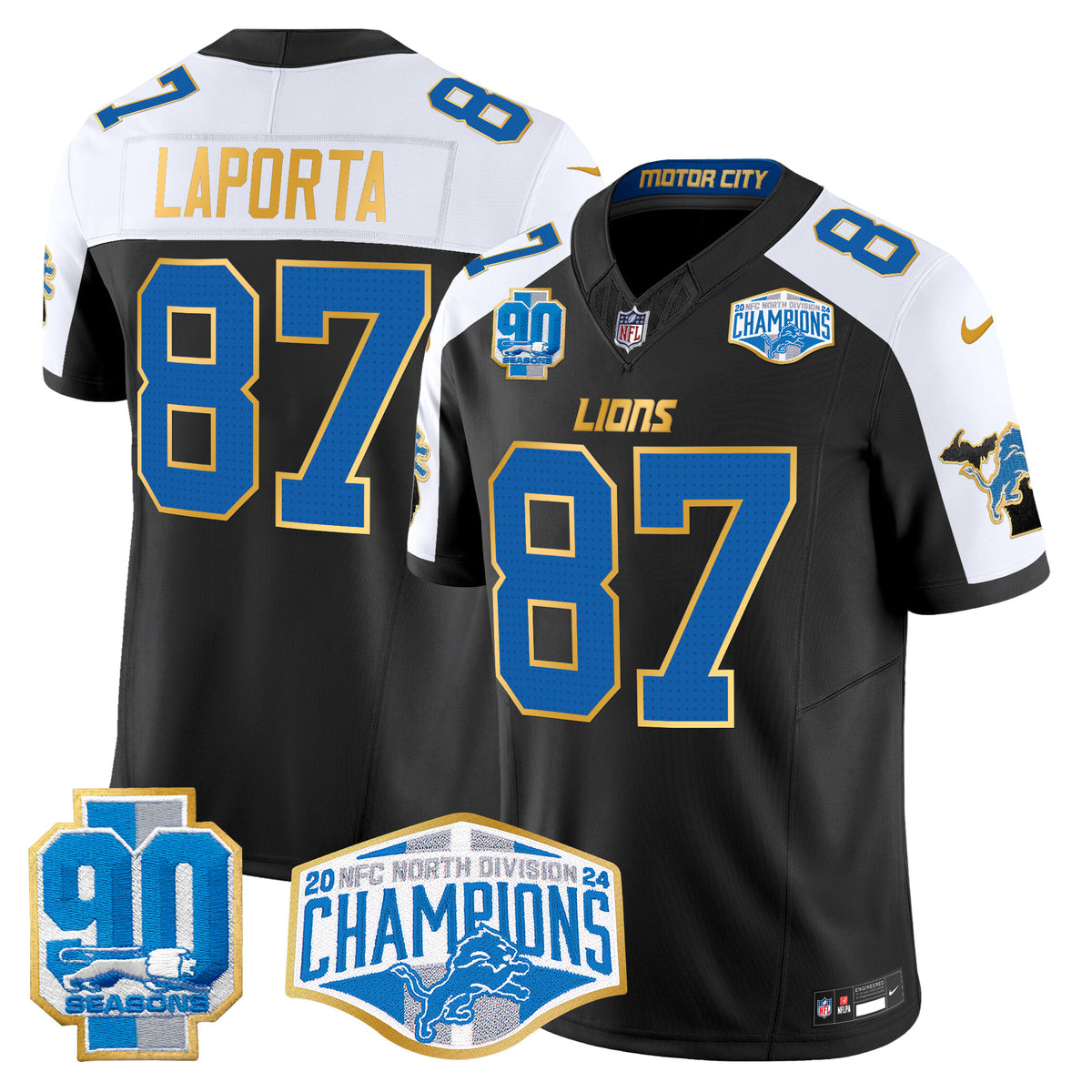 Men's Detroit Lions 2024 NFC North Division Champions Patch Gold Trim Vapor Limited Jersey - All Stitched - Black Alternate - Sam Laporta — view 1
