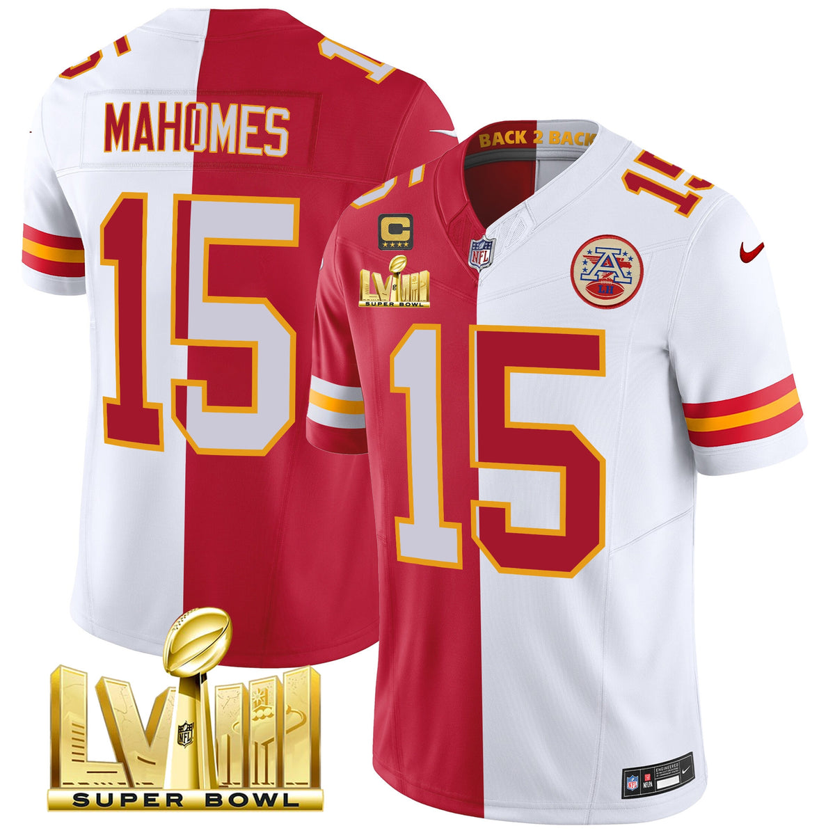 Men's Chiefs Super Bowl LVIII & Back 2 Back Gold Patch Vapor Jersey V5 - All Stitched - Split - Patrick Mahomes — view 1
