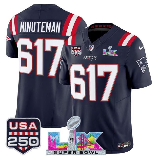 Men's New England Patriots Super Bowl LX & United States 250th Anniversary Patch Vapor Limited Jersey - All Stitched - Navy - Minuteman 617 — view 1