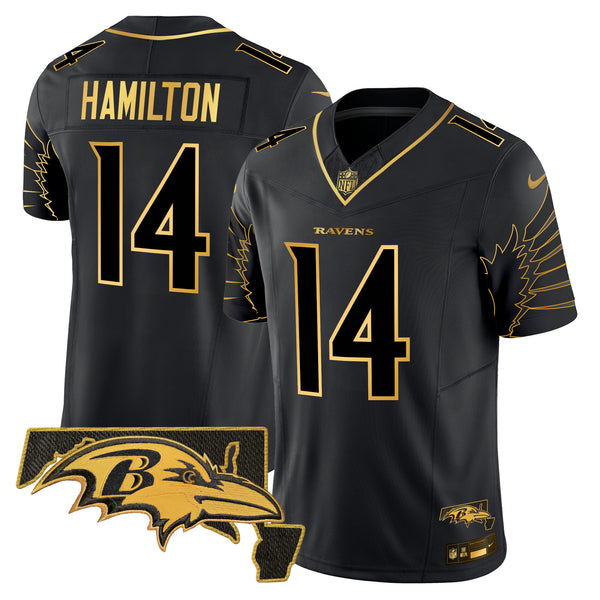 Men's Ravens Maryland Patch Gold Vapor Limited Jersey V2 - All Stitched - Black Gold - Kyle Hamilton — view 1